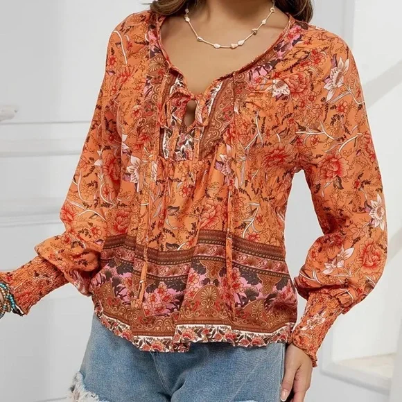 Boho Floral Print Lantern Sleeve Tie Front Blouse - Picture 10 of 11